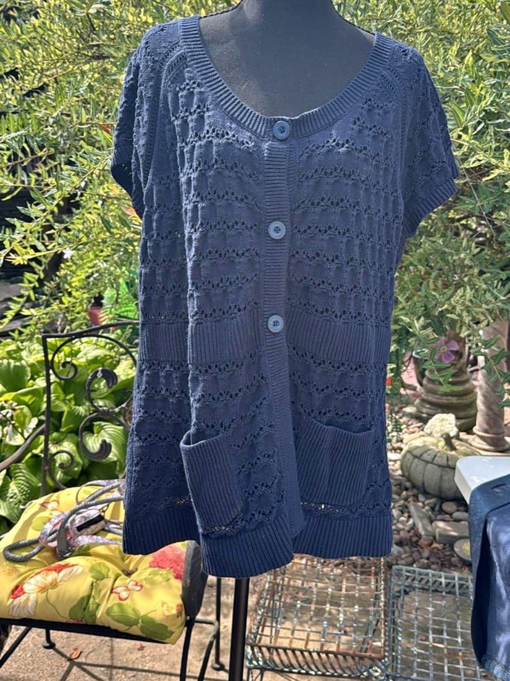 Jones New York Navy Short-Sleeve Knit Button-Front Cardigan